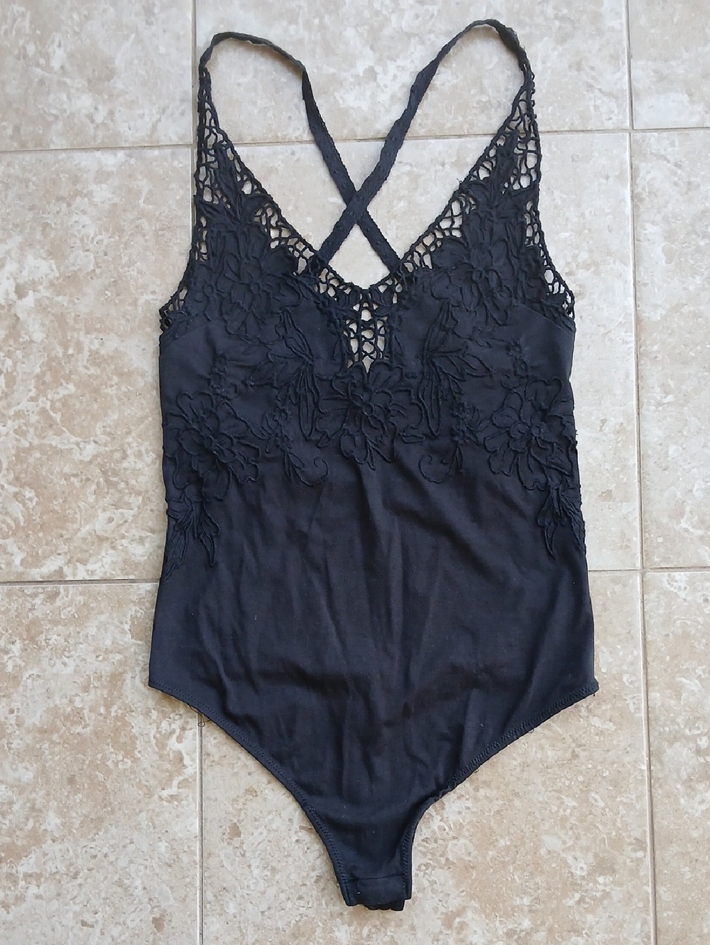 Free People Black Lace Floral Embroidered Bodysuit NWT